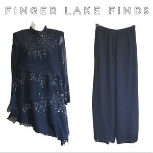 Vintage Silk Judith Ann Navy Sequined  Evening Ensemble, XS